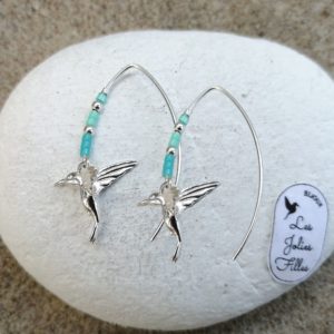 boucles d'oreilles pendantes en argent 925 avec colibris et perles bleues