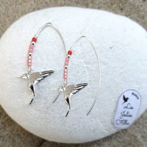 boucles d'oreilles pendantes en argent 925 avec colibris et perles rose corail