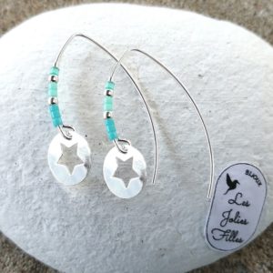 boucles d'oreilles pendantes en argent 925 avec étoile ajourée et perles bleues
