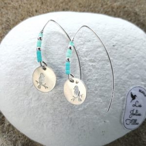 boucles d'oreilles pendantes en argent 925 avec oiseau ajouré et perles bleues