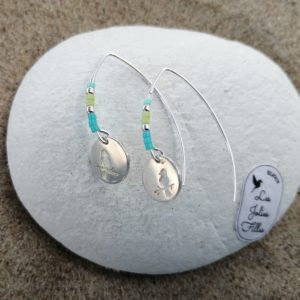 boucles d'oreilles pendantes en argent 925 avec oiseau ajouré et perles bleu vert