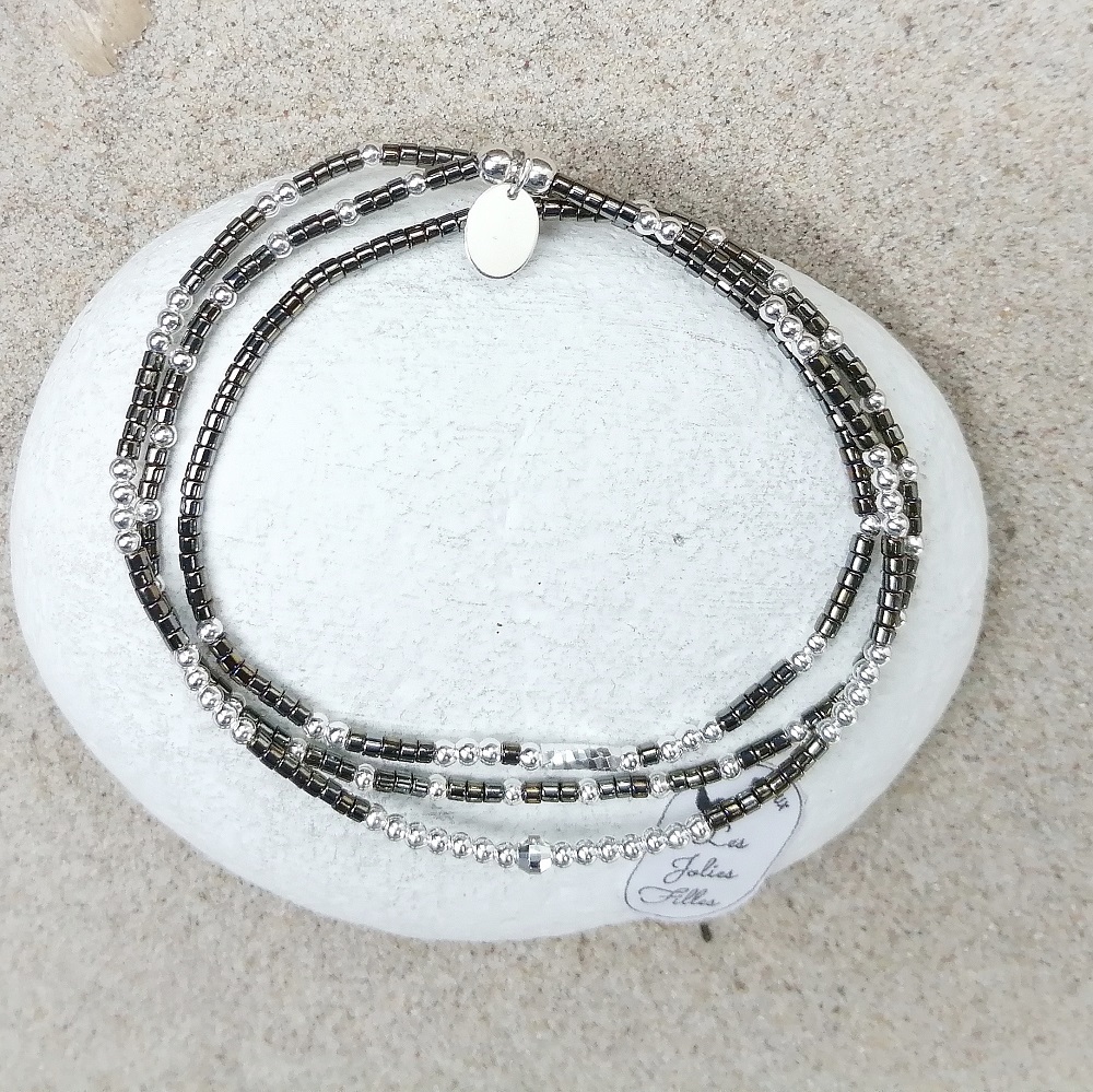 bracelet triple gris brillant adorable discrète pétillante résistant sur élastique argent 925