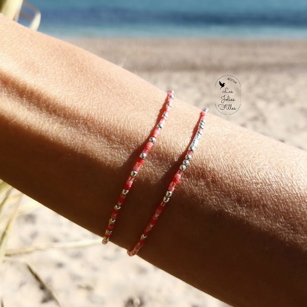 bracelets argent 925 élastiques rose corail portés