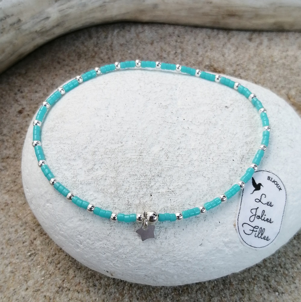 bracelet argent 925 adorable bleu mer élastique étoile breloque