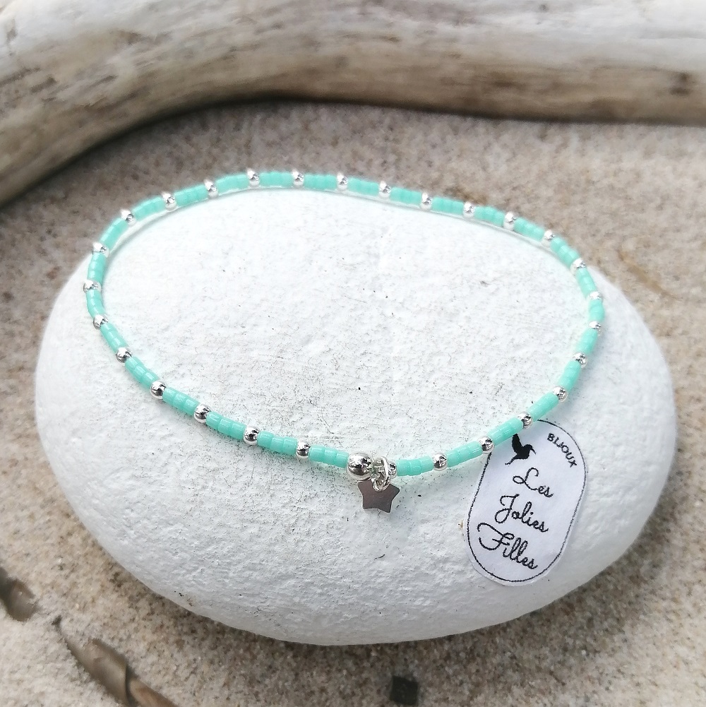 bracelet argent 925 adorable turquoise élastique breloque étoile