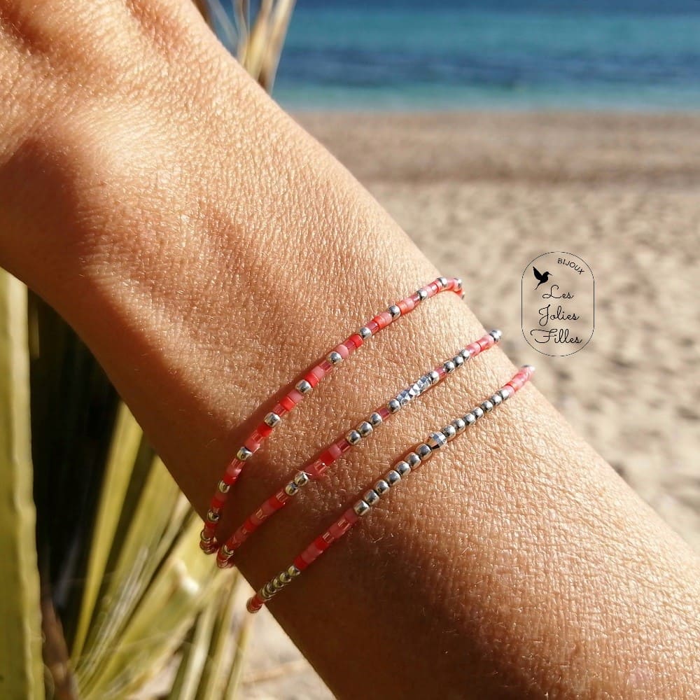 bracelets argent 925 fil élastique rose corail portés