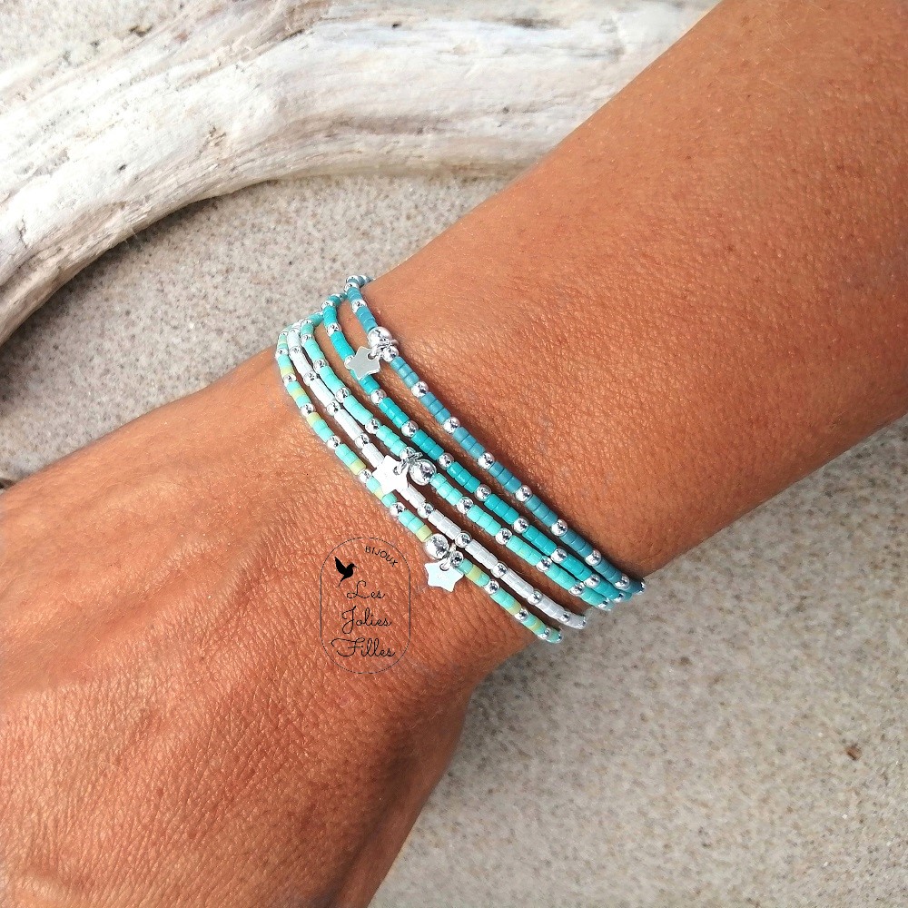 Bracelet argent élastique «adorable» - bleu turquoise - Bijoux Les