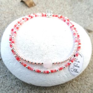 double bracelet élastique argent 925 naturelle rose corail