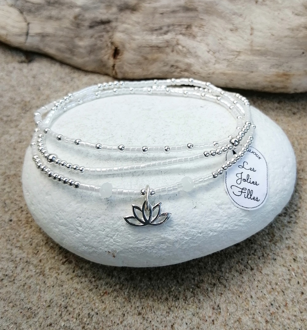 triple bracelet argent 925 blanc lotus élastique