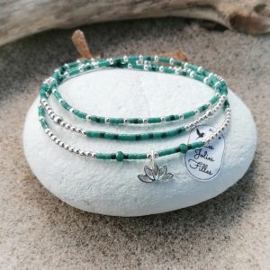 triple bracelet argent 925 vert lotus élastique