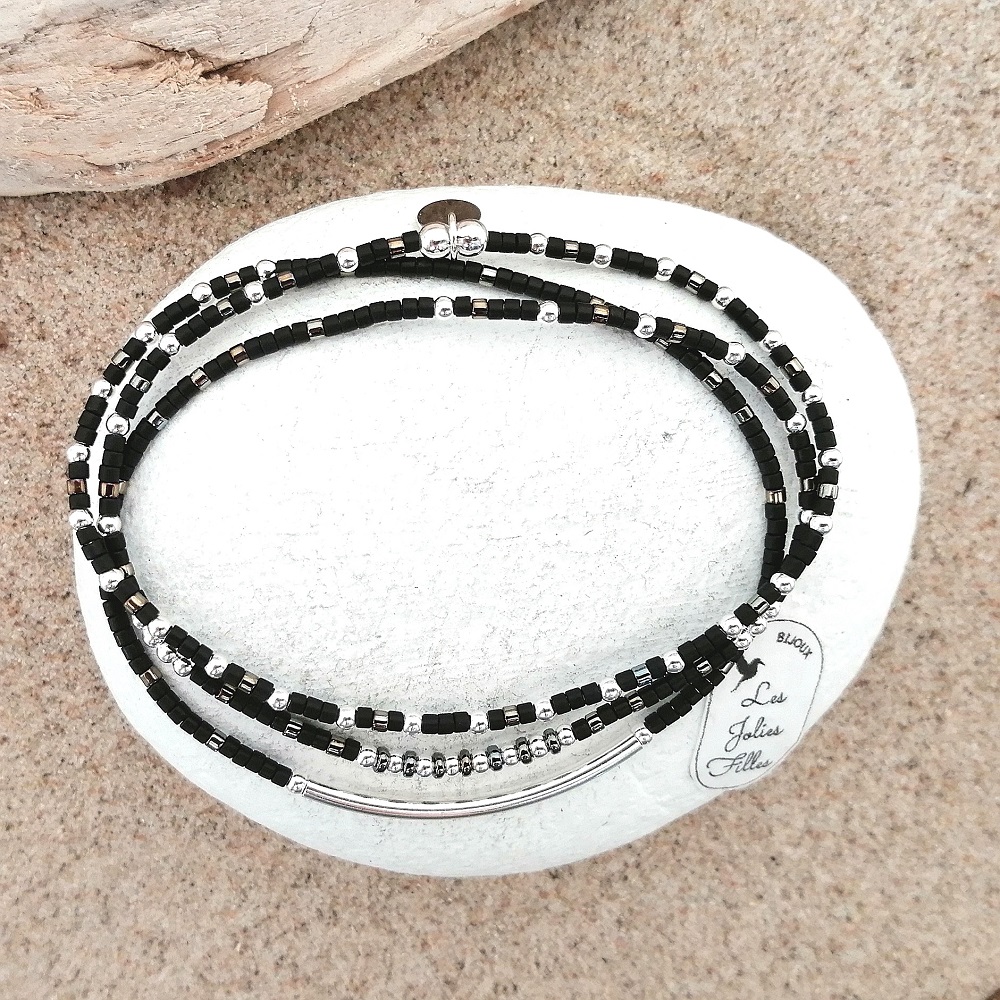 triple bracelet élastiques en argent 925 demi jonc perles noires