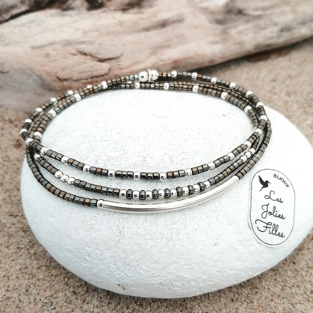 triple bracelet élastique en argent 925 demi-jonc perles gris brillant