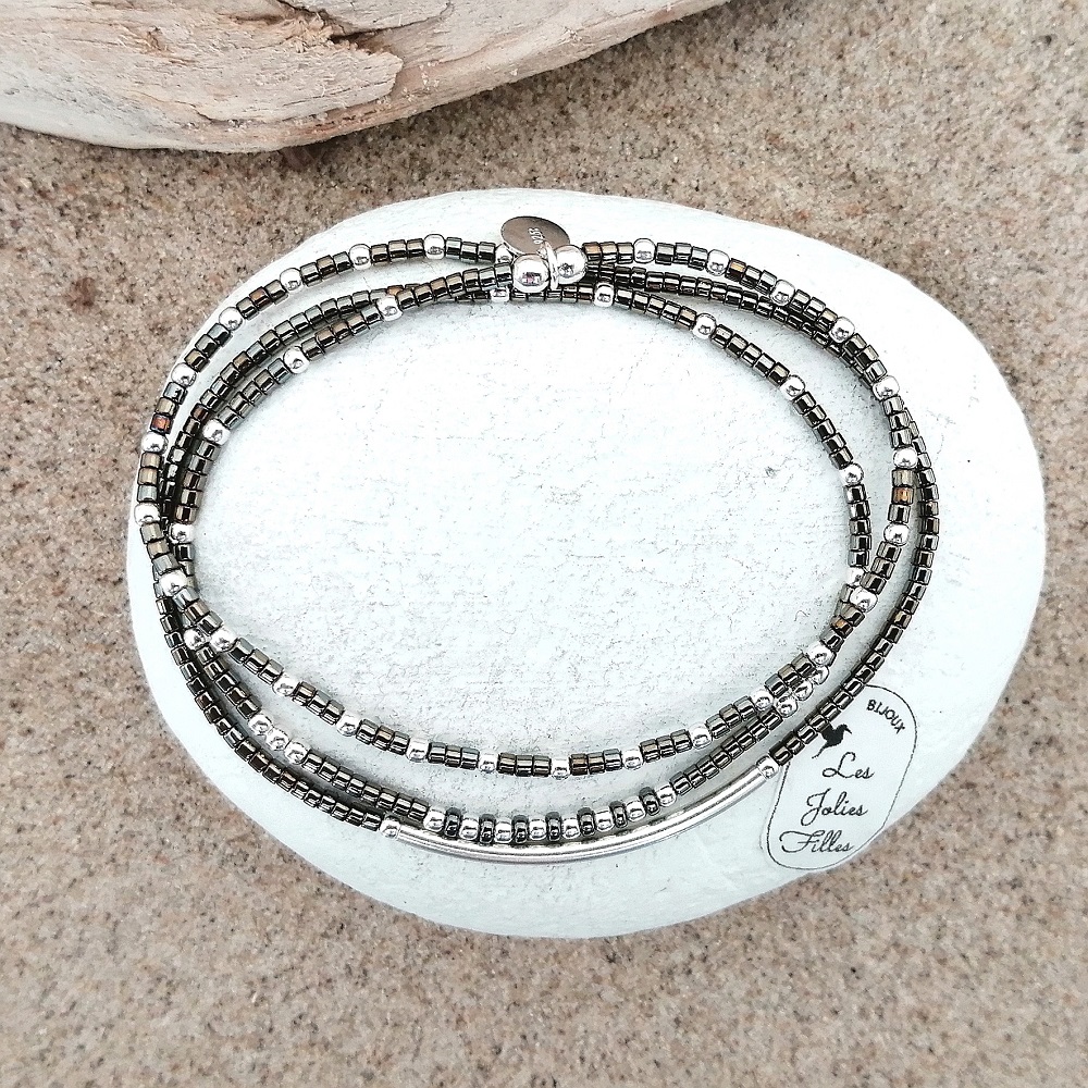 triple bracelet en argent 925 demi-jonc perles gris brillant