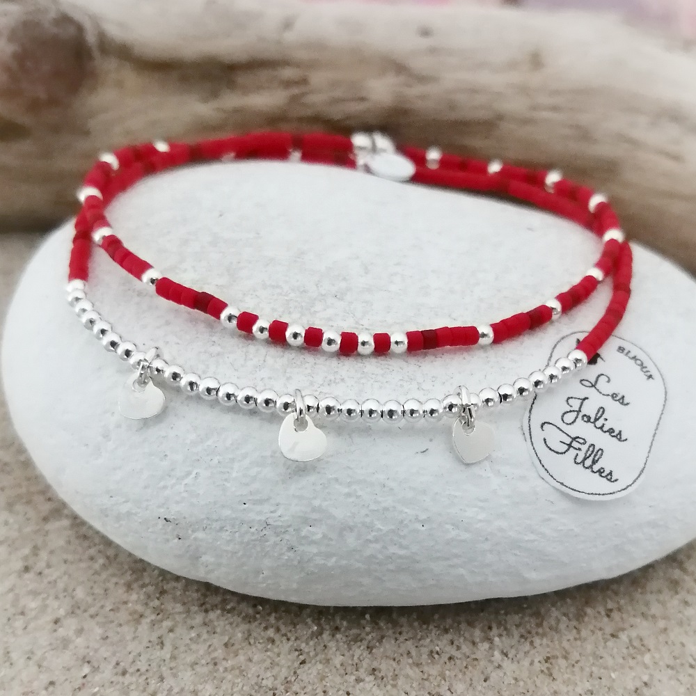 bracelet argent 925 valentine rouge élastique