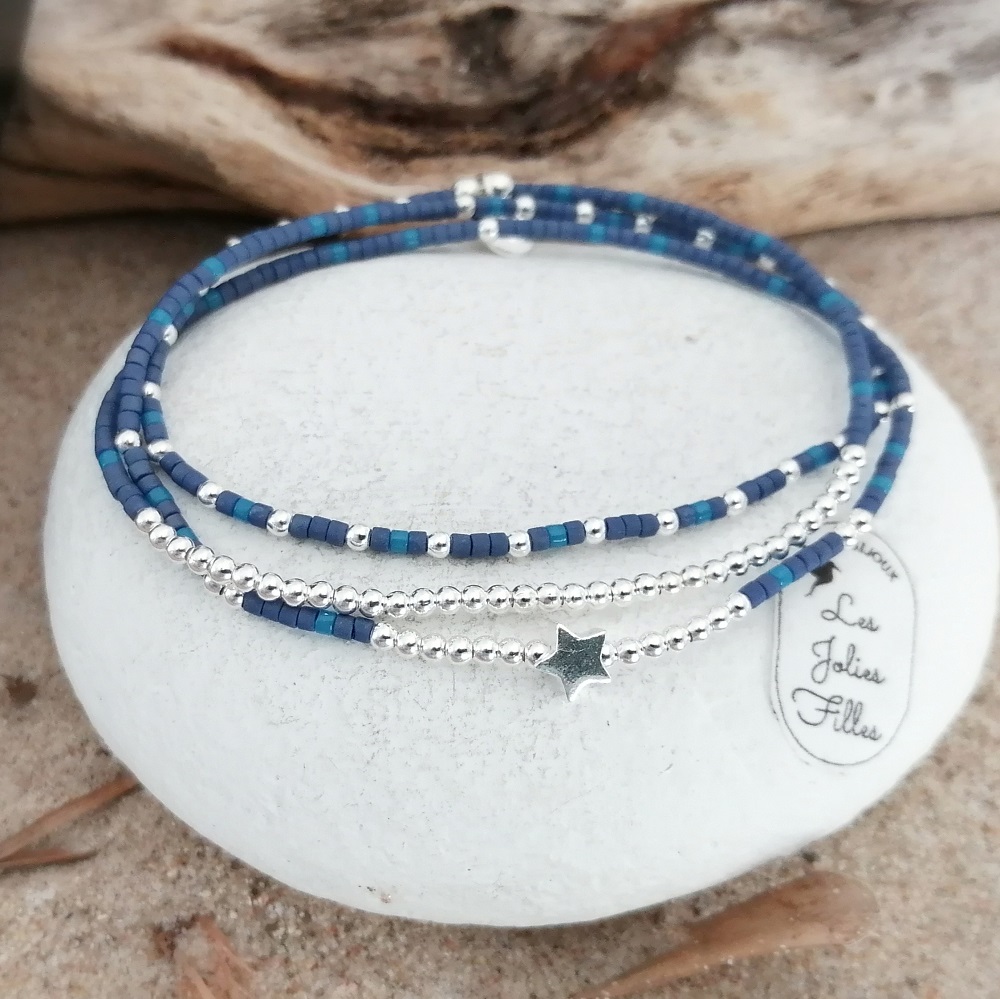 bracelets argent 925 étoile bleu nuit elastique