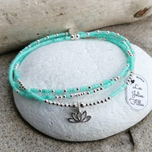 triple bracelet argent 925 bleu turquoise lotus élastique