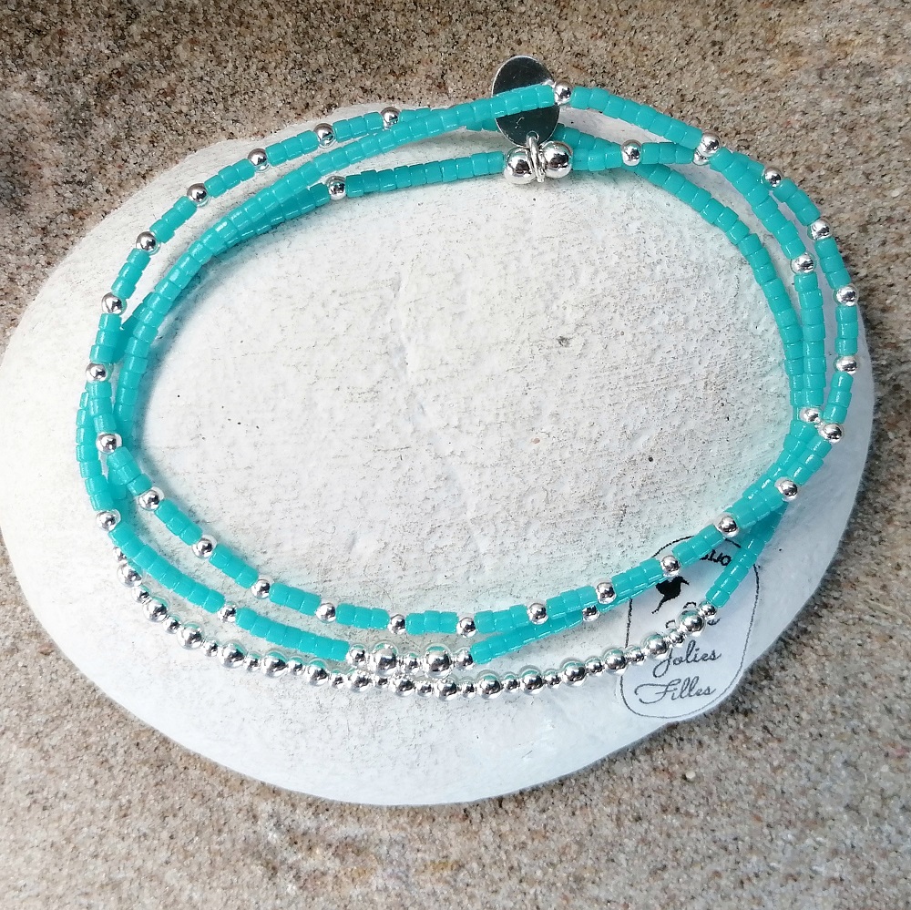 bracelet triple argent 925 résistant baignades bleu mer