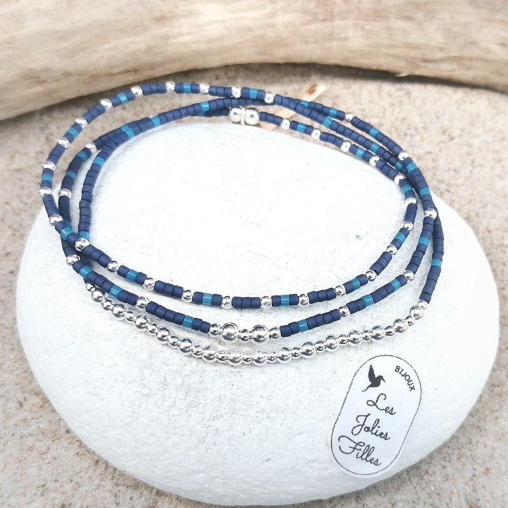 bracelet triple bleu nuit bulles résistant sur élastique