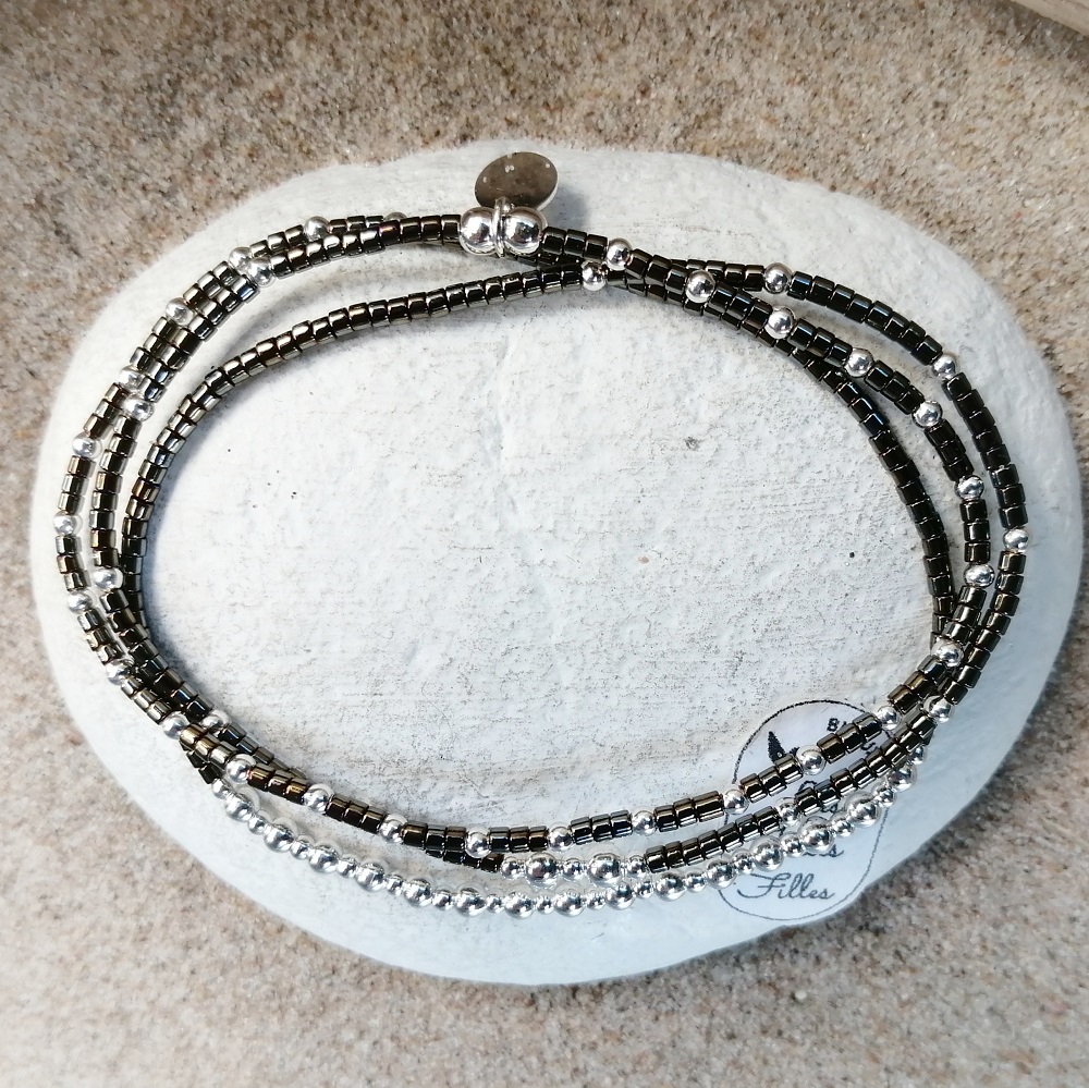 bracelet triple gris brillant bulleuse résistant sur élastique argent 925