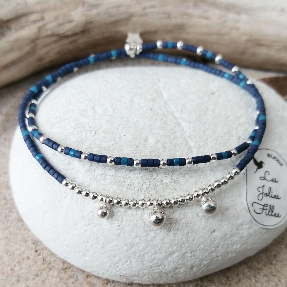 bracelet double argent 925 bleu nuit étoile élastique