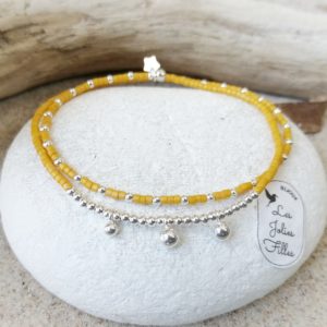bracelet double argent 925 jaune ocre étoile élastique