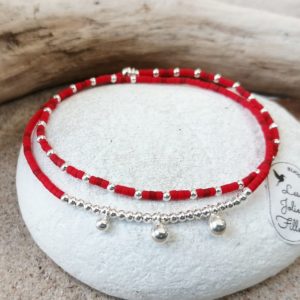 bracelet double argent 925 rouge étoile élastique
