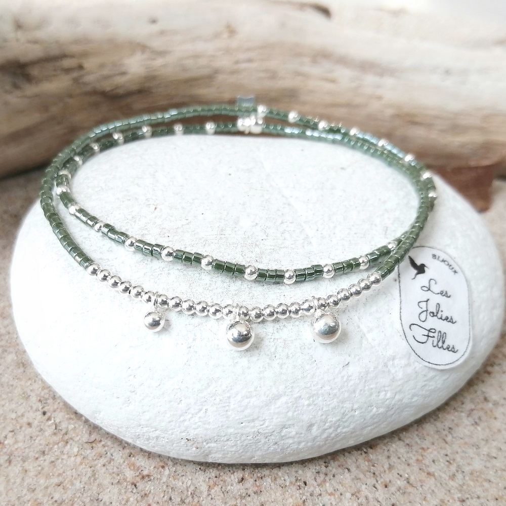 bracelet double argent 925 vert brillant étoile élastique