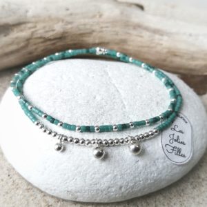 bracelet double argent 925 vert d'eau étoile élastique