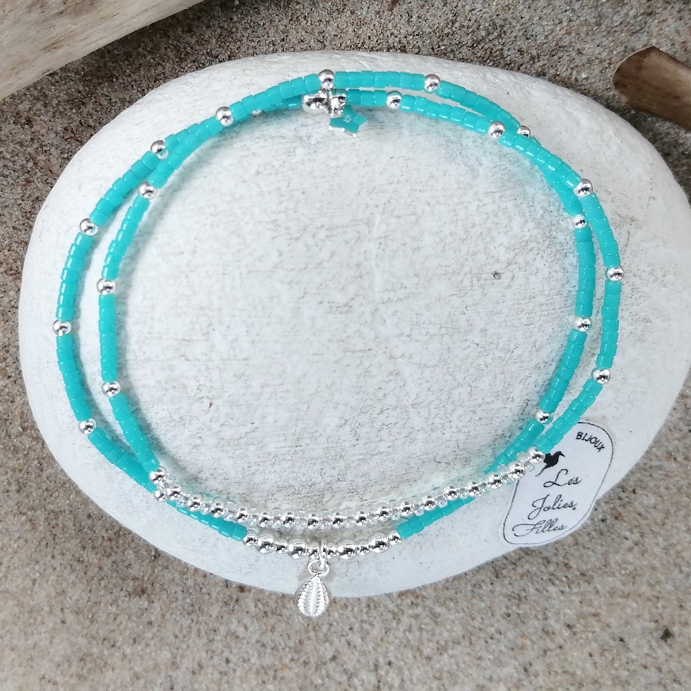 bracelet élastique argent 925 bleu mer étoile élastique coquillage Naiade
