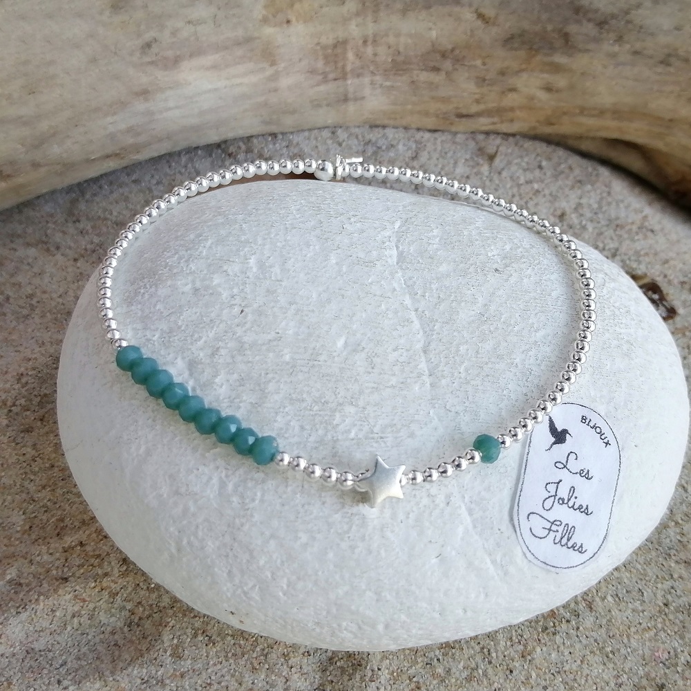 bracelet-elastique-bleu vert canard elastique argent 925 perles