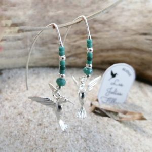 boucles d'oreilles artisanales bijou femme colibris vert d'eau