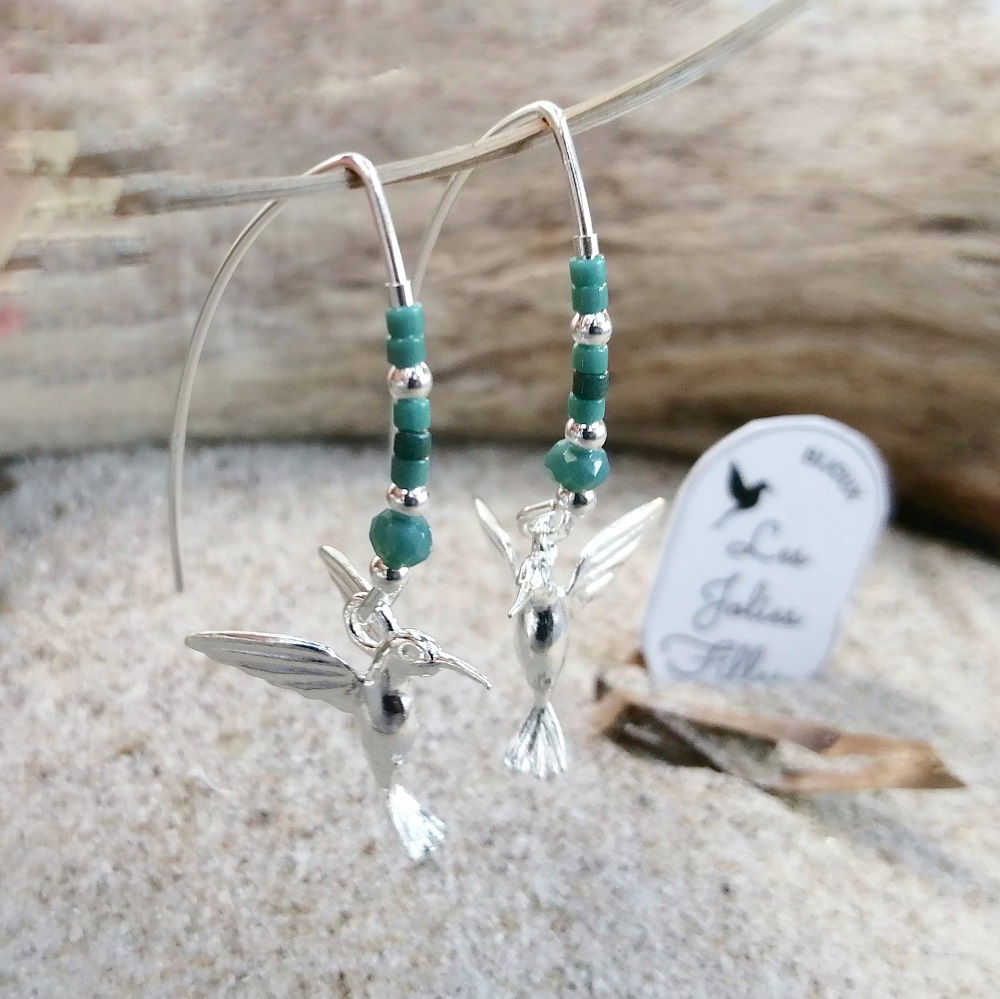 boucles d'oreilles artisanales bijou femme colibris vert d'eau