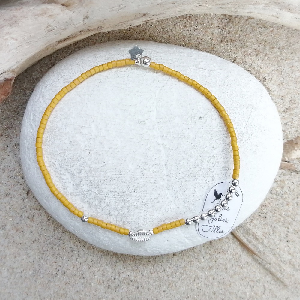 bracelet artisanal jaune ocre et argent 925 coquillage venus élastique