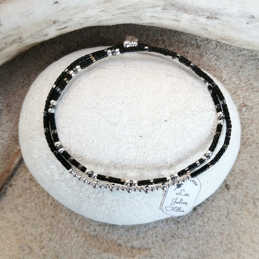 bracelet artisanal noir argent 925 joviale élastique