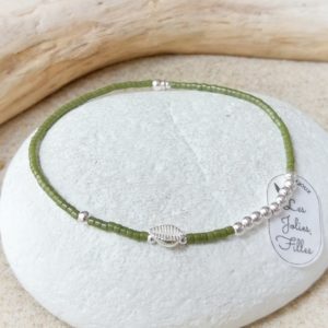 bracelet artisanal vert kaki et argent 925 venus élastique
