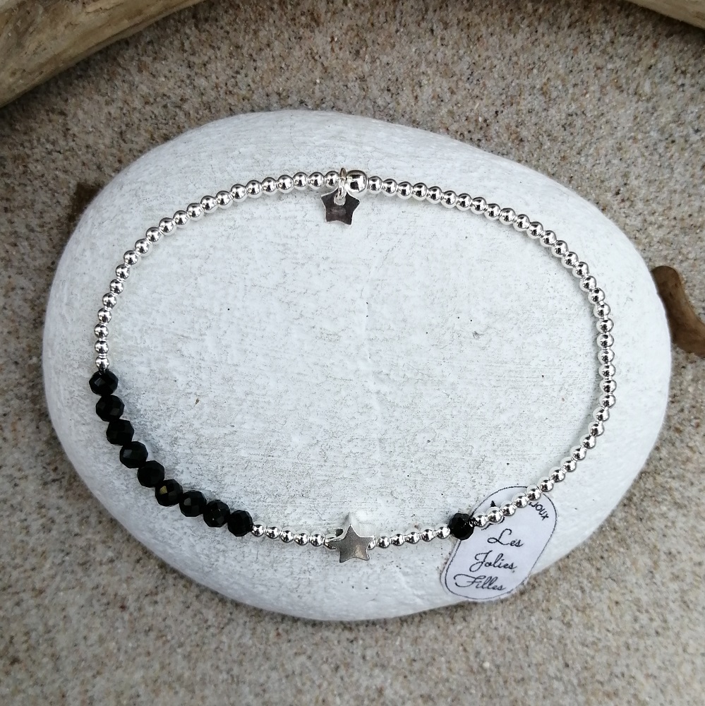 bracelet élastique noir jolie pensive argent 925 perles étoile